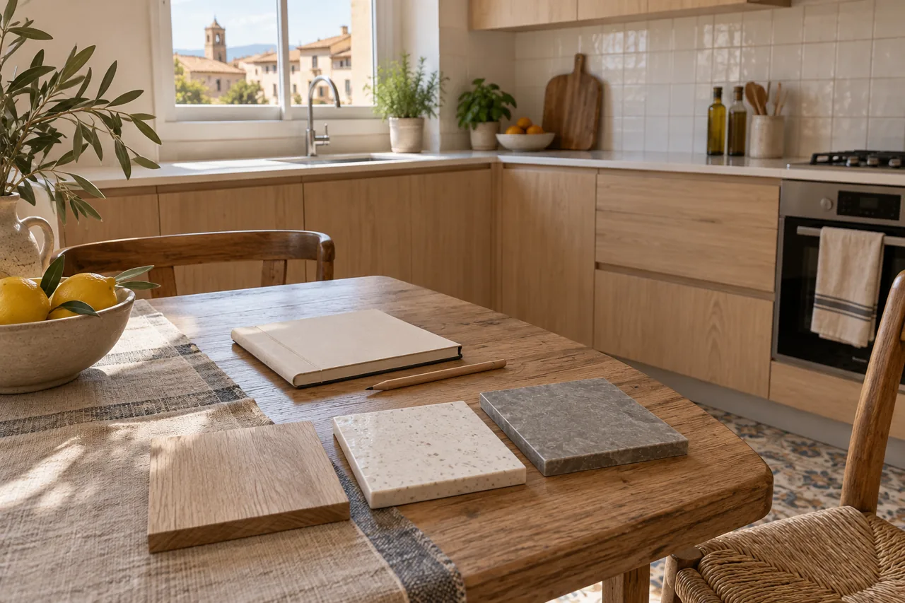 Escena editorial generada con IA: muestras de madera y encimera en una cocina luminosa